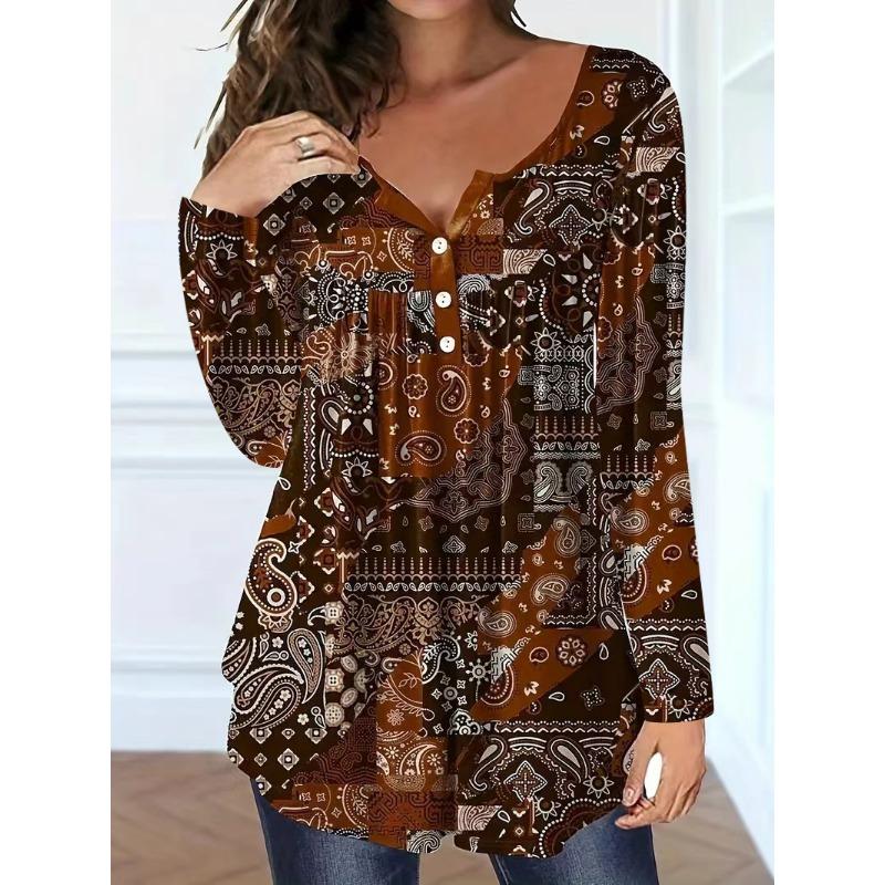 

European and American loose button V-neck top women s T-shirt 1XL коричневий