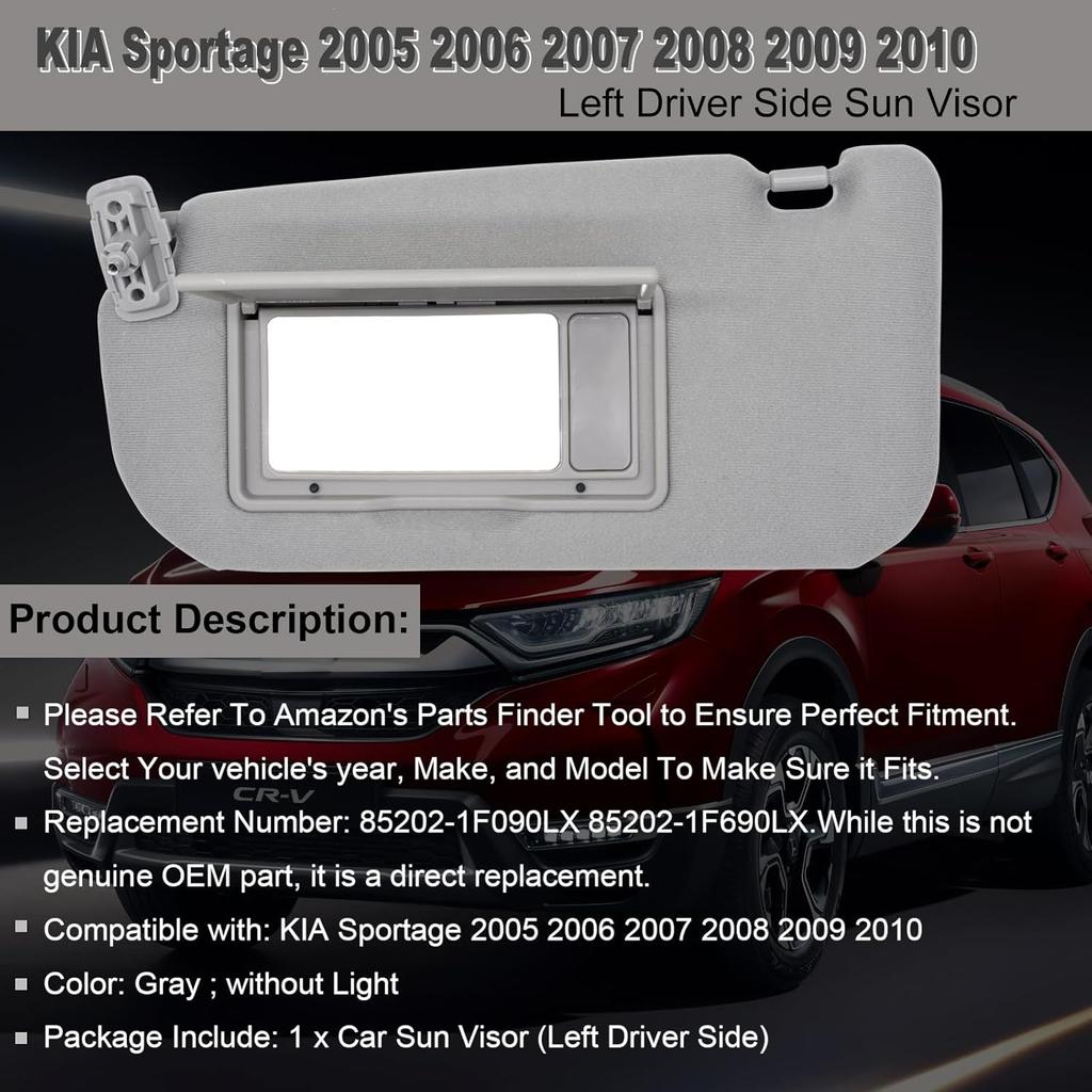 NHILES Driver Left Side Sun Visor Replacement Fits for KIA Sportage 2005-2010 Sunshade Without Light 85202-1F090LX Color Gray