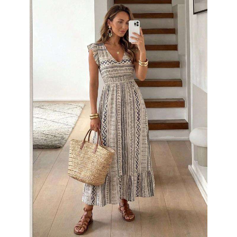 Women's 2026 Summer New Printed Dress for Beach Vacation, Vintage Satin Long Skirt