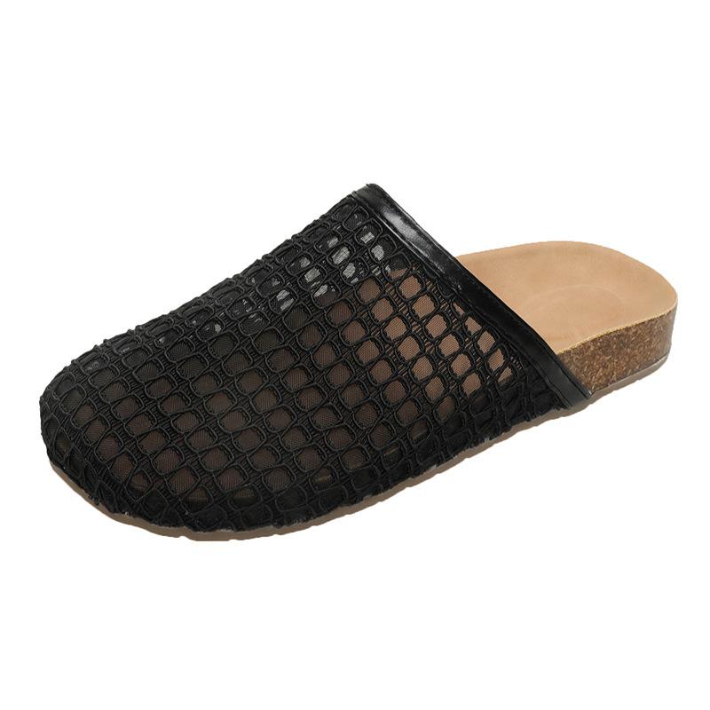 Woven Hollow Slippers Women's Half-pack of Cool Slippers Summer Leather Splicing Square Head Comfortable Cool Slippers Women