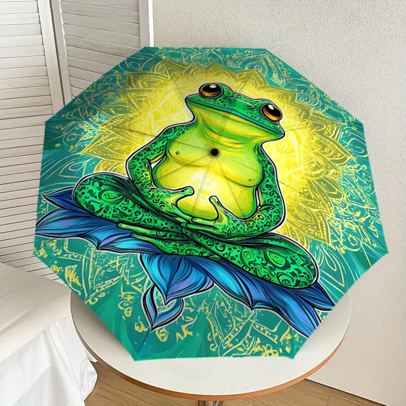 1pc Frog Lotus Flower Fashionable Automatic Opening/Closing Folding Umbrella with 8 Iron Bones, Plastic Handle yy251015059