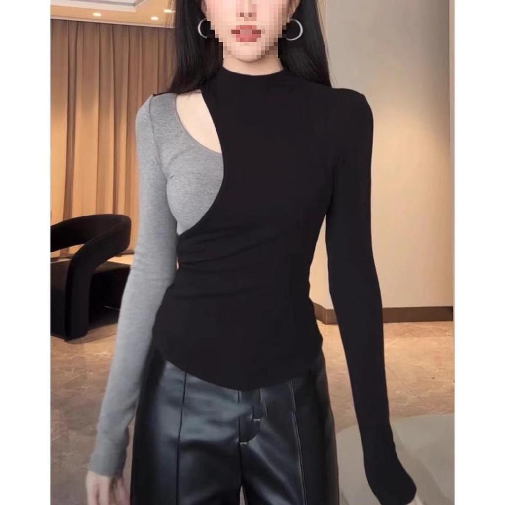 Spicy Girl Color Block Patchwork Long Sleeve T-shirt - Women's Slimming Base Layer for Autumn/Winter