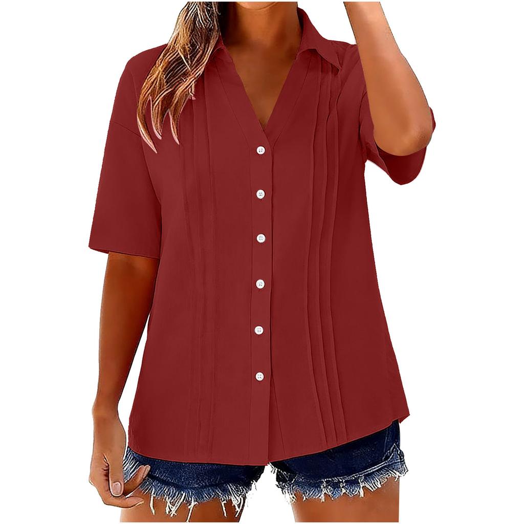 Women's Fashion -Color Cotton-Linen Collared Shirt: Short-Sleeve Button-Down Pleated Top