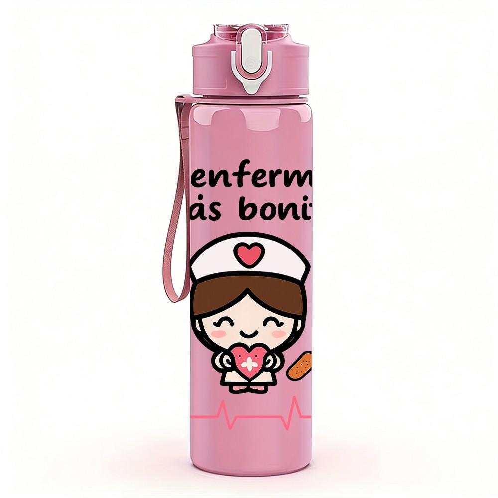 1PC La Enfermera Nurse Cartoon 750ml Color Plastic Sports Water Bottle Leakproof Flip Straw Lid Suitable for Sports Office Home Use