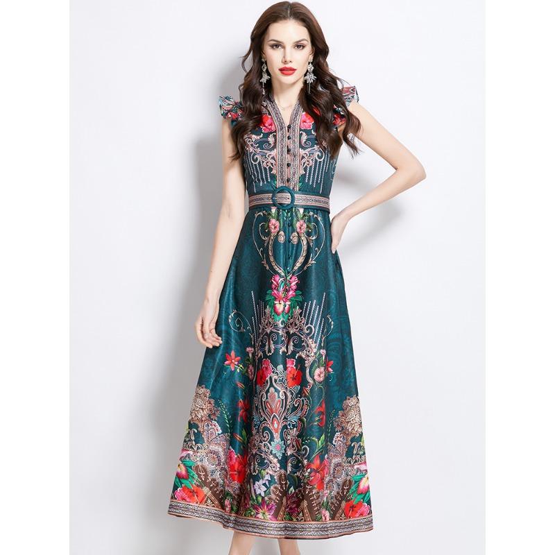 Summer Women Vintage Palace Print Designer Runway Dress V-neck Single Breasted Long Maxi Holiday Beach Boho Dresses with Belt