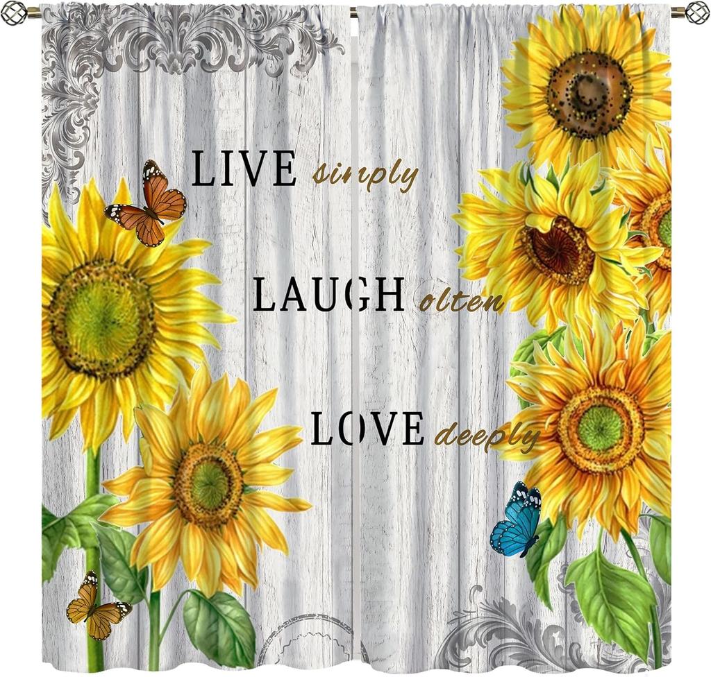 Sunflower Curtains for Kitchen,Black Pithy Rustic Sunshine Beautiful Wonderful Sunflower Plant Flower Butterfly Window Drapes