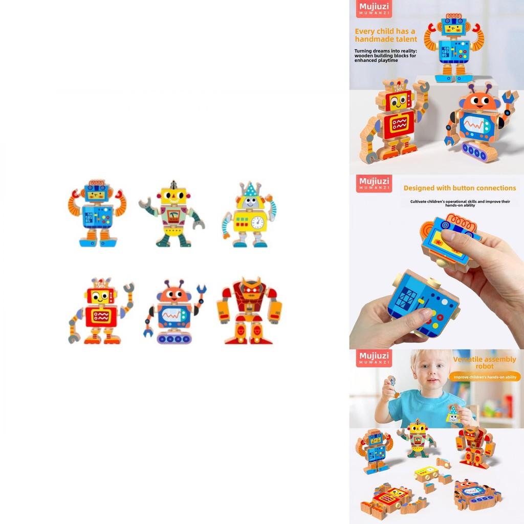 Juego de Bloques de Construcción de Ensamblaje de Robot de Dibujos Animados de Madera de 6 Piezas Juguete Rompecabezas Infantil Para el Desarrollo Cerebral
