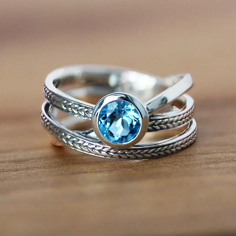 Bridal Wedding Love Water Drop Shining Design French Romantic Horse Eye Blue Zircon Ring Trendy Elegant Jewelry