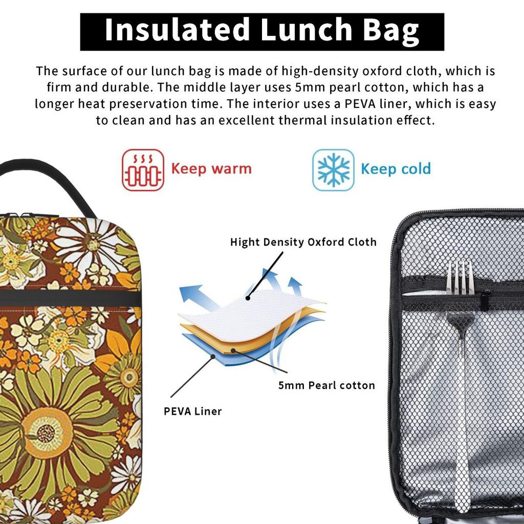 70s Retro Vintage Flower Power Pattern Boho Insulated Lunch Bag for Women Office Cooler Thermal Food Box Tote Lunch Boxes