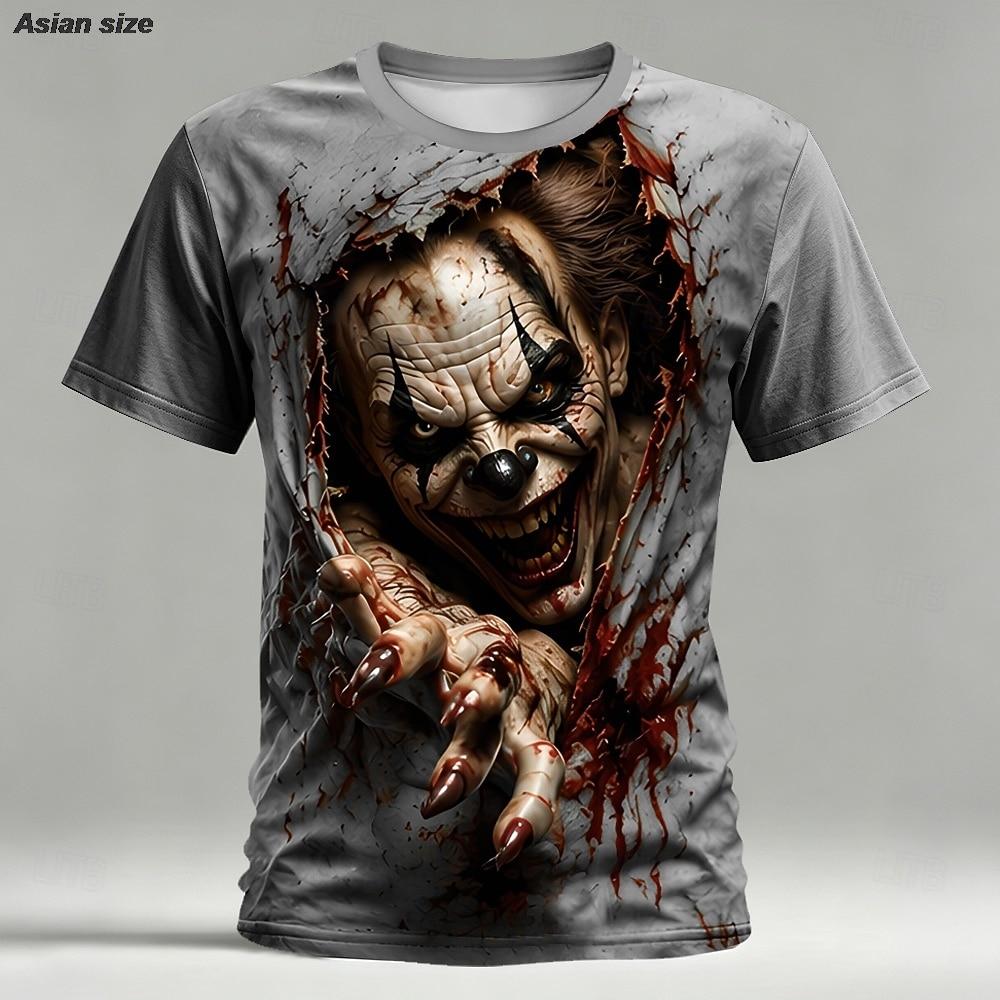 Halloween Męska Koszulka 3D z Iluzją Optyczną Straszny Klaun Krótki Rękaw Okrągły Dekolt Koszulka Horror Klub Impreza Streetwear