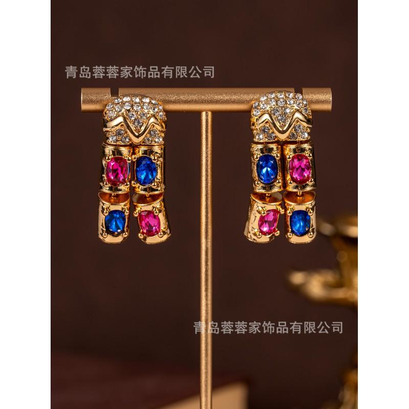 Vintage Retro Palace Style Heavy Industry Colorful Gold Earrings Light Luxury Zircon Rhinestone