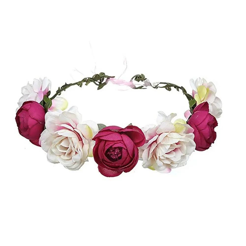 Mode Bohemia Girlang Rosblomma Krona Damhuvudband med Justerbart Band Flickor Blommig Krans Brud Halo Huvudprydnad