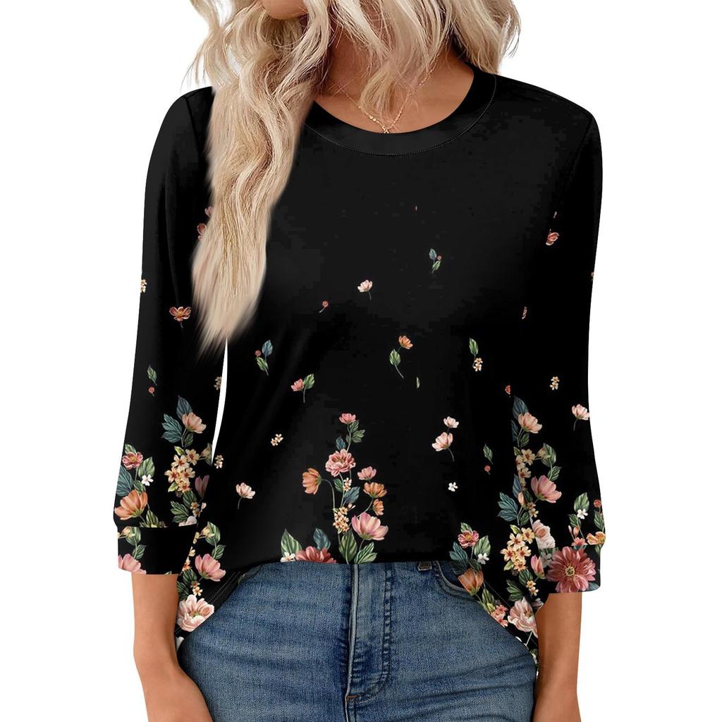 Women's Fashion Casual Round Neck 3/4 Sleeve Loose  Printed T-Shirt Ladies Top