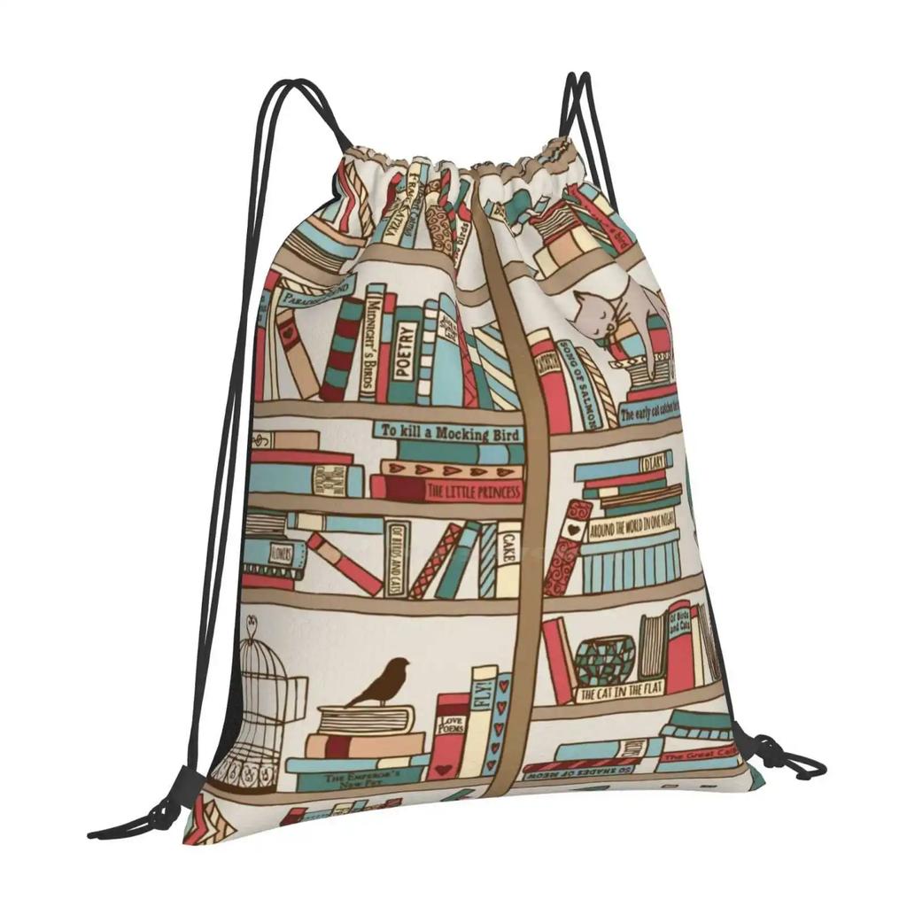 Bookshelf No.2 Pattern Design Bag Student's Backpack Cat Sleeping Bookshelf Hand Drawn Pattern Reading Writer Novel Literature