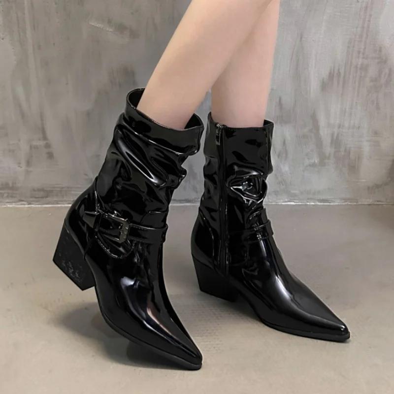 Chelsea Pleated Woman Short Boots Shoes Pointed Toe Winter New Fashion Boots 2025 Trend Women Chunky Punk Motorcycle Botas Pumps