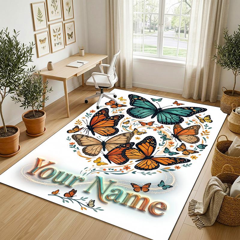 Butterfly Theme Crystal Velvet Rug Personalized Custom Name Text Soft Floor Mat Home Decor