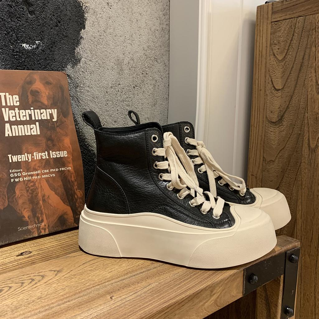Cowhide Version~ Same Leather Round Head Platform Martin Boots Women's Short Boots High-top Casual Little White Shoes Women's Board Shoes