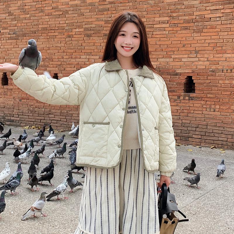 

New Fashion Button Thin Diamond Plaid Cotton Jacket for Women In Autumn and Winter Short Lapel Contrasting Color Cotton Jacket XL