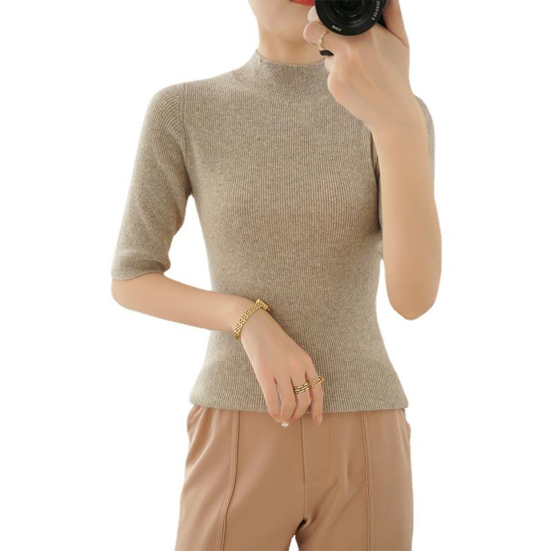 Women's Slim Fit Autumn Knit Sweater with Half High Neck & Mid-Sleeves
