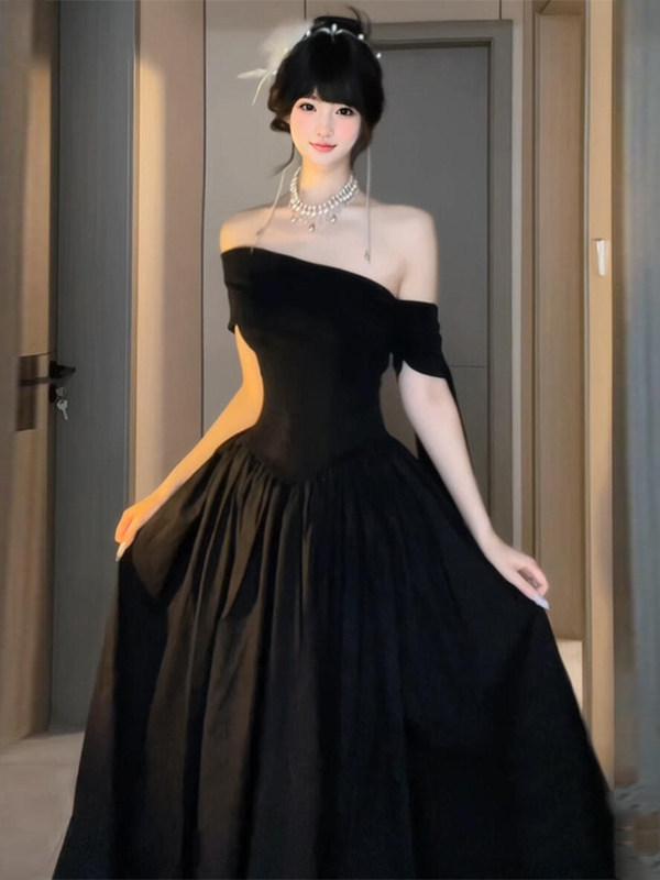 Reiche Tochter Hepburn-Stil schwarzes One-Shoulder-Kleid Temperament fortgeschrittenes Gefühl Taille Bankettkleid Kleid Sommer