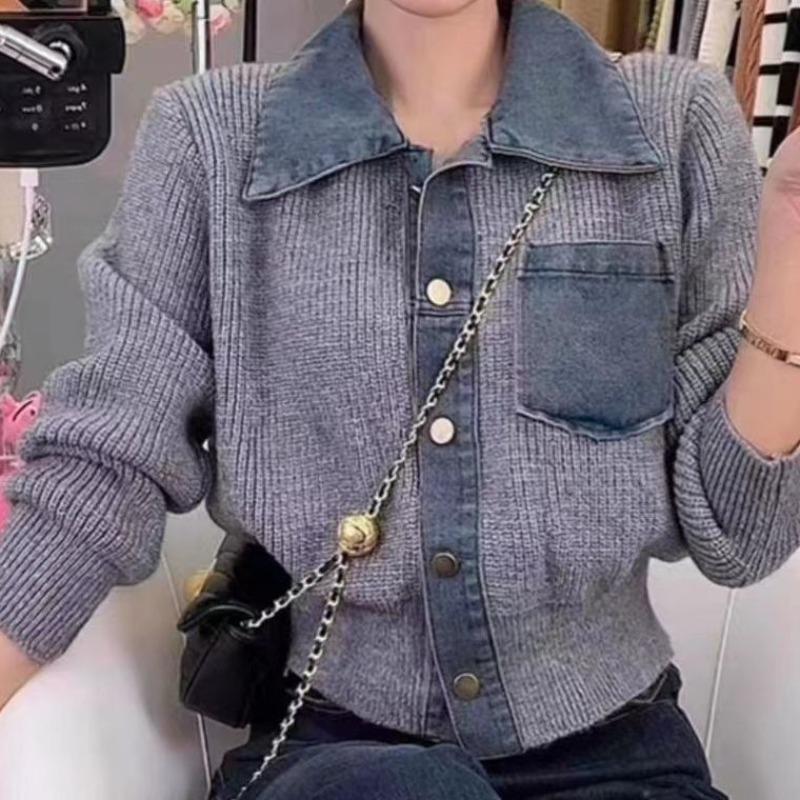 New autumn and winter women's clothing denim splicing sweater lazy pocket short loose long-sleeved knitted cardigan jacket