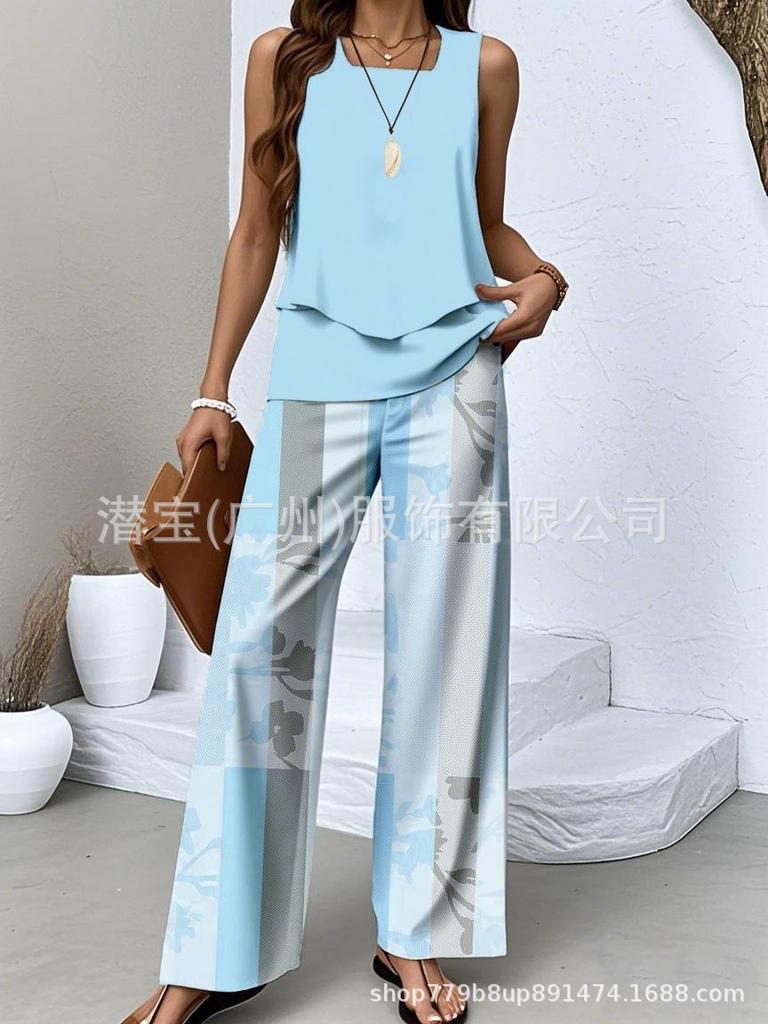 New European and American women's clothing spot explosion sleeveless casual double-layer vest plus pants set two-piece set
