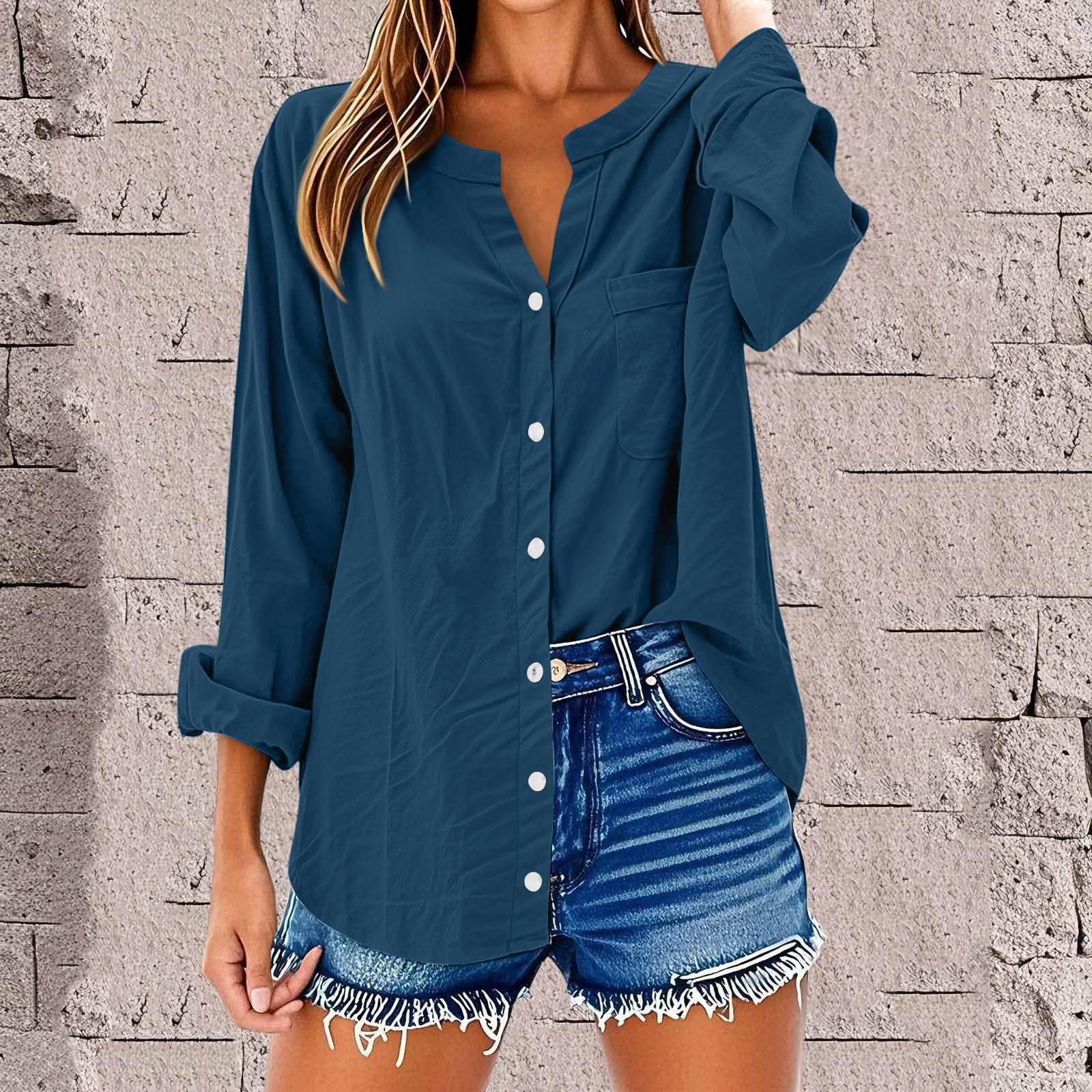 

Women s Fashion Casual Solid Color T-Shirt Cotton Linen Long Sleeve Cardigan Loose Top L синій