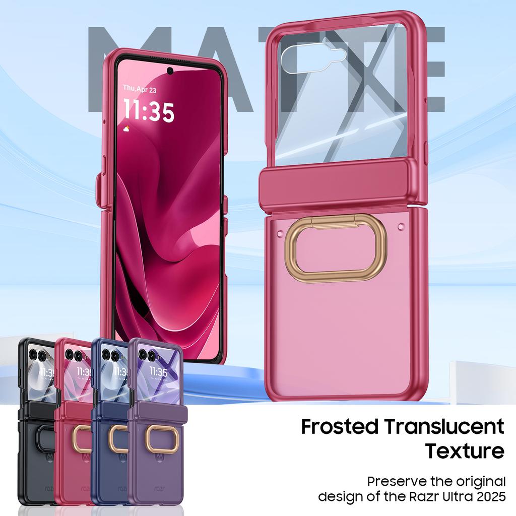 Für Motorola Razr Ultra 2025/Razr Ultra 2026 mit integriertem Displayschutz, Ringhalter, Scharnierschutz, Robuste Hülle, Durchsichtige Matte Abdeckung - Rosenrot