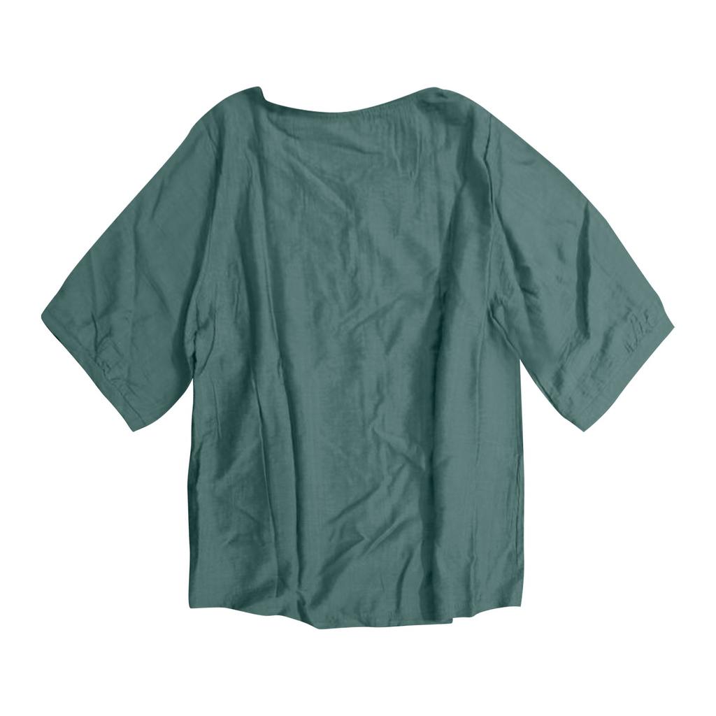 Dámské jednobarevné bavlněné a lněné tričko s krátkým rukávem, vyšívané, retro, prodyšné, s kulatým výstřihem