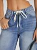 Damen High Waist Baggy Weite Beine Jeans Kordelzug Boyfriend Denim Hose