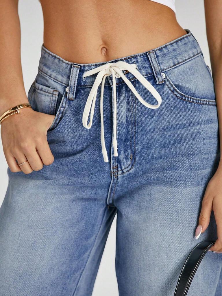 Damen High Waist Baggy Weite Beine Jeans Kordelzug Boyfriend Denim Hose