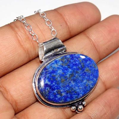 Huge Lapis Lazuli 925 Silver Plated Necklace 18" Jewellery Most Beautiful L3w80