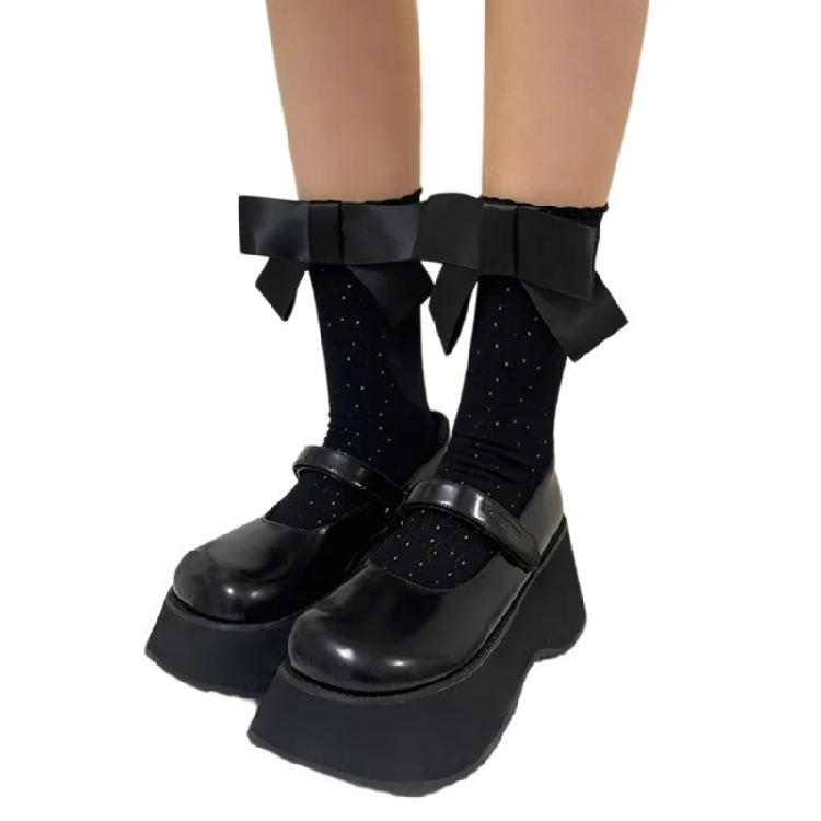 Japanese Style Sheer Lace Solid Calf Socks for Women Sweet Big Bowknot Stockings