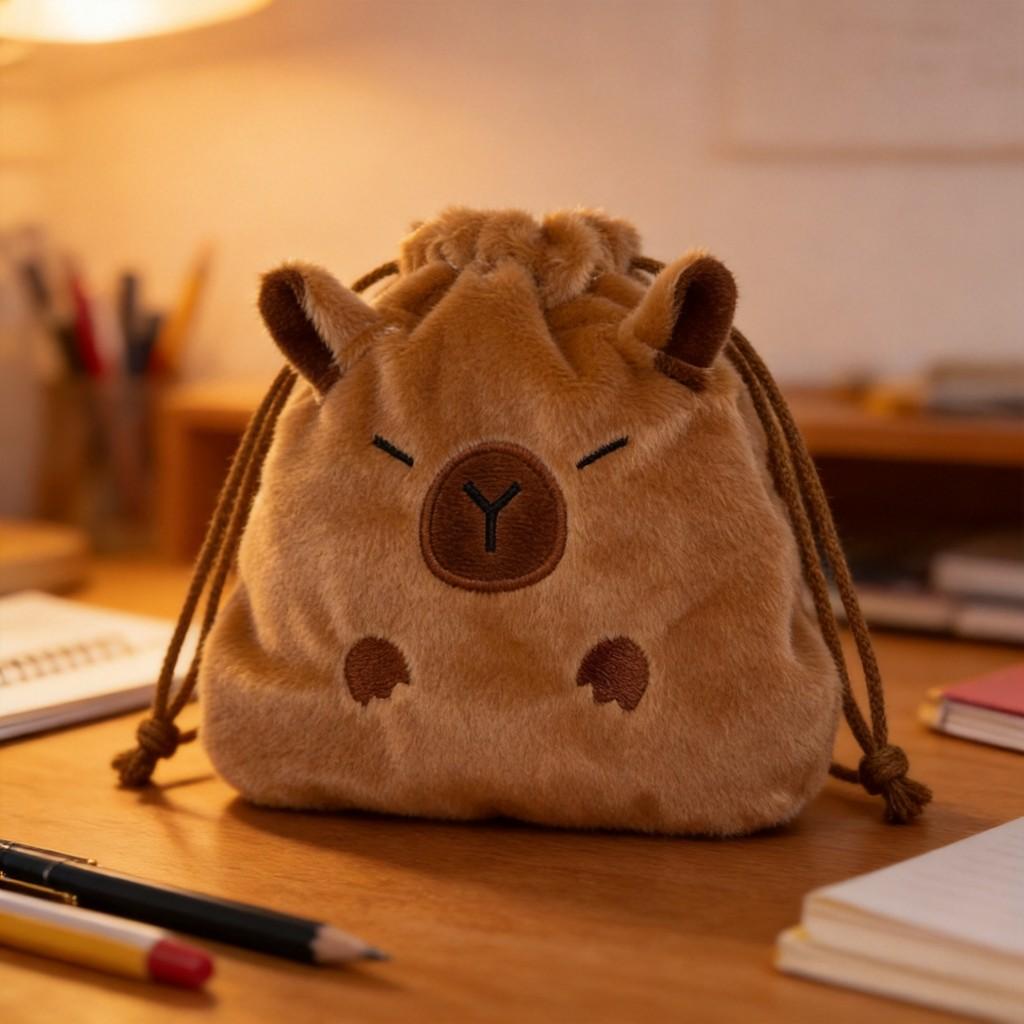Capybara Plush Storage Bag With Drawstring For Students And Travel