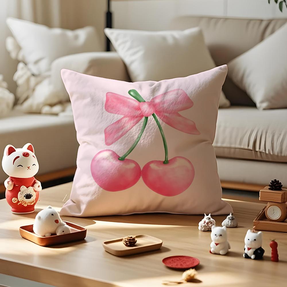 Beautiful Pink Bow Cherry Cushion Cover Anti-Dustmite Pillowcase Invisible Zipper Silky Short Plush Sofa Cushion Cover