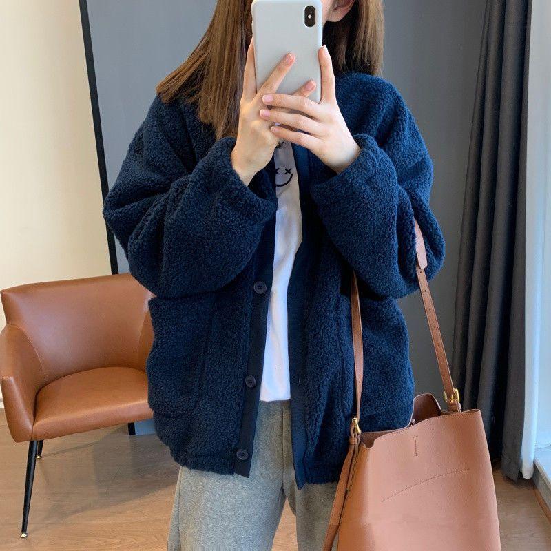 Women's Lamb Wool Fleece Loose Cardigan Top Versatile Warm Autumn Winter Sweatshirt Thickened Jacket
