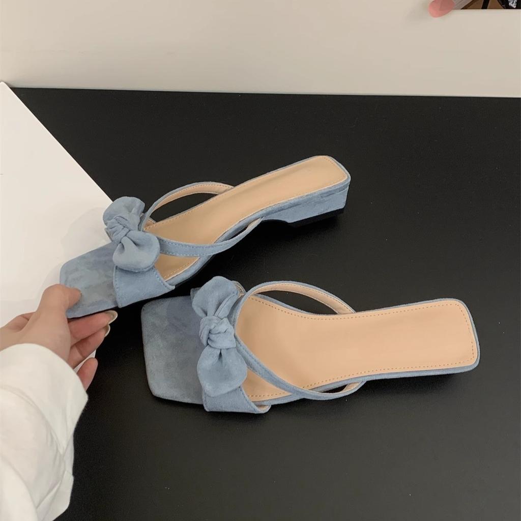 Gentle bow with cool slippers women's outerwear skirt open-toed square head thick heel sandals