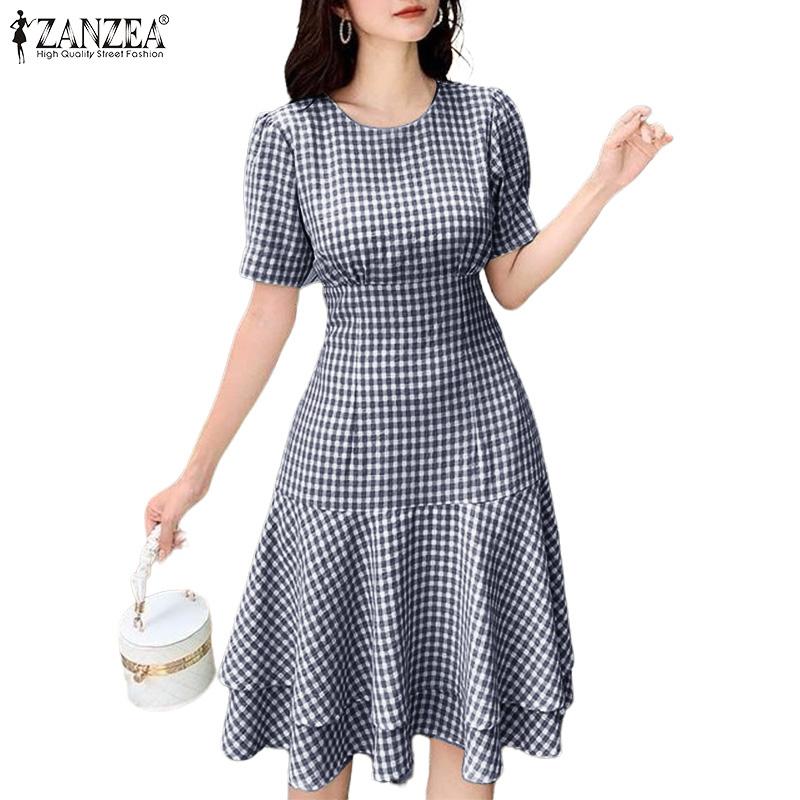 

ZANZEA Women Casual Round Neck Plaid Print Summer Short Sleeve Dress S зелений