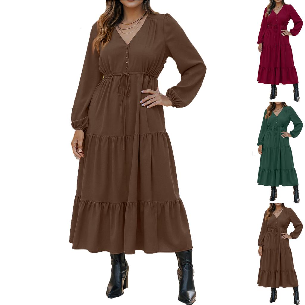 Women's Fashionable Casual Long-sleeved Tie Loose Maxi Dress