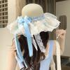 Summer Women Blue Lace Butterfly Bow Sun Hat With Wide Brim For Beach And Vacation
