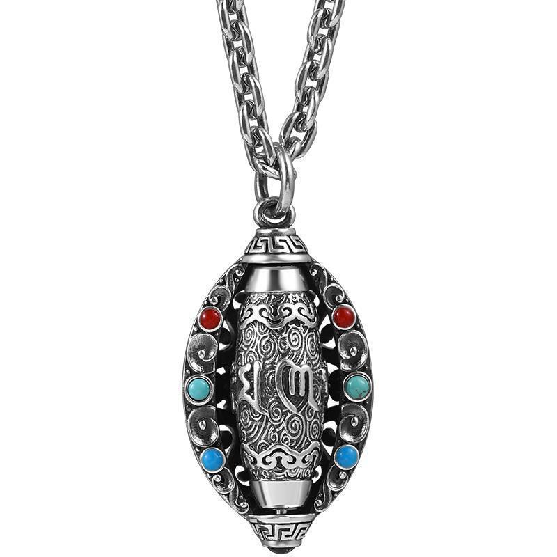 Necklace Six-word Mantra Nine-eyed Dzi Beads for Men and Women Retro Rotating Pendant