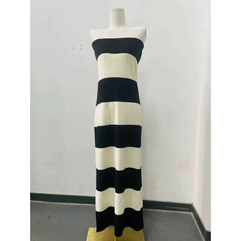 

Western Style New Elegant Black and White Stripe Sexy Tube Top Dress Knitted Strapless Dress Thick stripes L