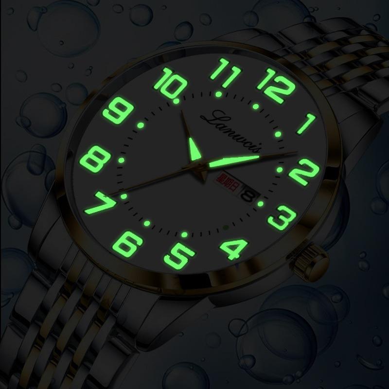 Herren Digitaluhr mit großem Zifferblatt, Seniorenuhren, massives Stahlband, Gold, schwarz, chinesisch-englisch doppelter Kalender, wasserdichte Uhr