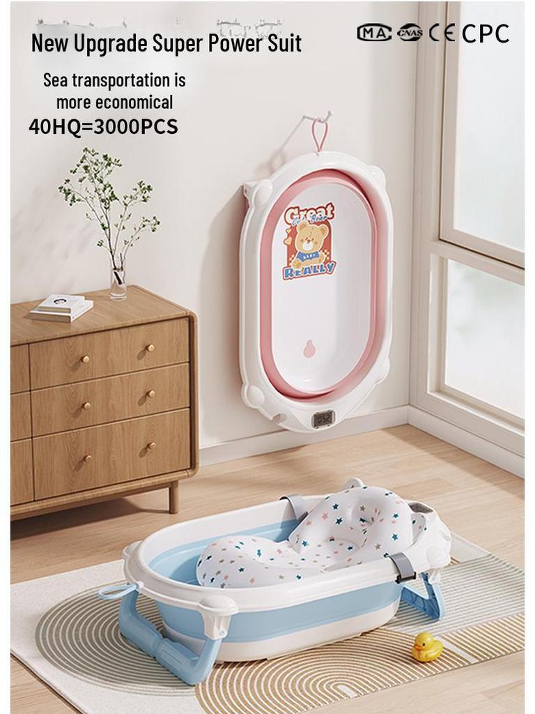 Temperature-Sensitive Folding Baby Bath Tub with Mat, PP + TPE Materials
