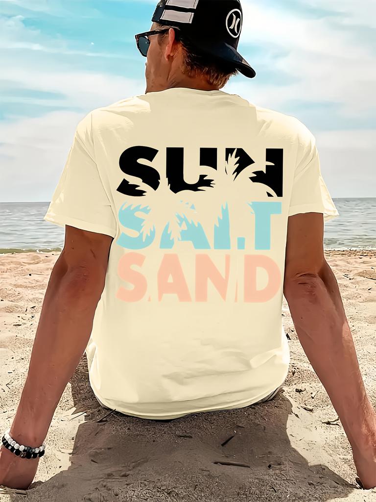 Stylish 100 Cotton Unisexs T Shirt Featuring Bold Sun Salt Sand Quote and Palm Graphic Ultra Soft Ideal for Summer Daily Wear