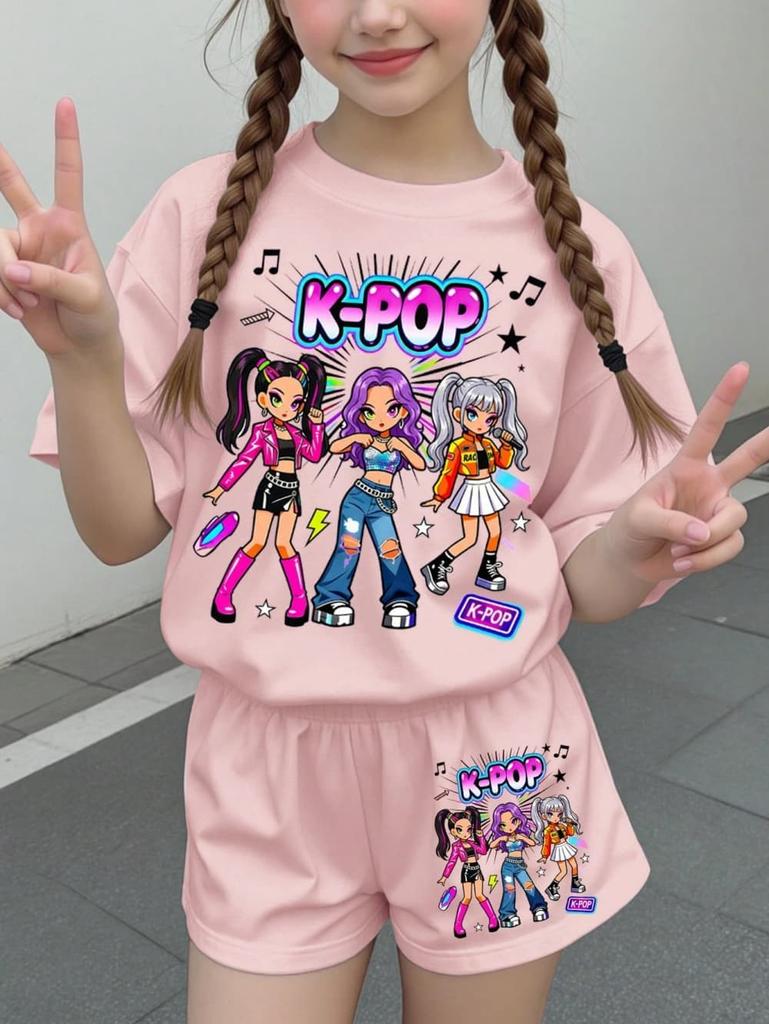 Conjunto de Camiseta y Pantalones Gráficos de Dibujos Animados Kpop para Niñas Ropa de Verano para Niñas Lindo Conjunto de Manga Corta Conjunto de Camiseta y Pantalones Cortos para Niños