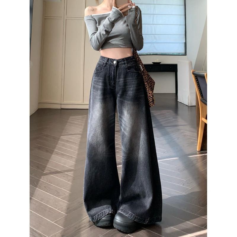 

Retro Large-leg Denim Trousers for Women Hong Kong Style Design Loose Wide-leg Pants Drapey Floor-length Pants S чёрный