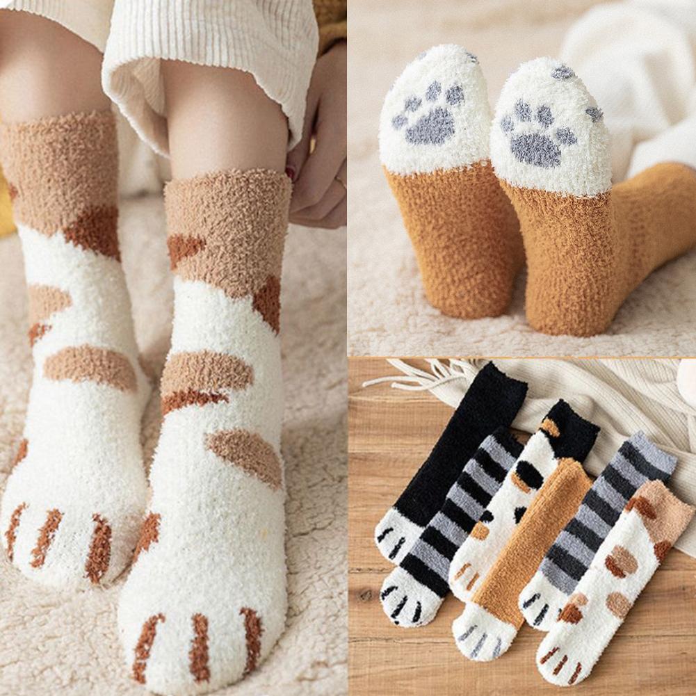 Plush Winter Funny Cute Style Animal Cat Paw Cartoon Pattern Women Cotton Socks Super Soft For Female House Sleeping Floor Sox