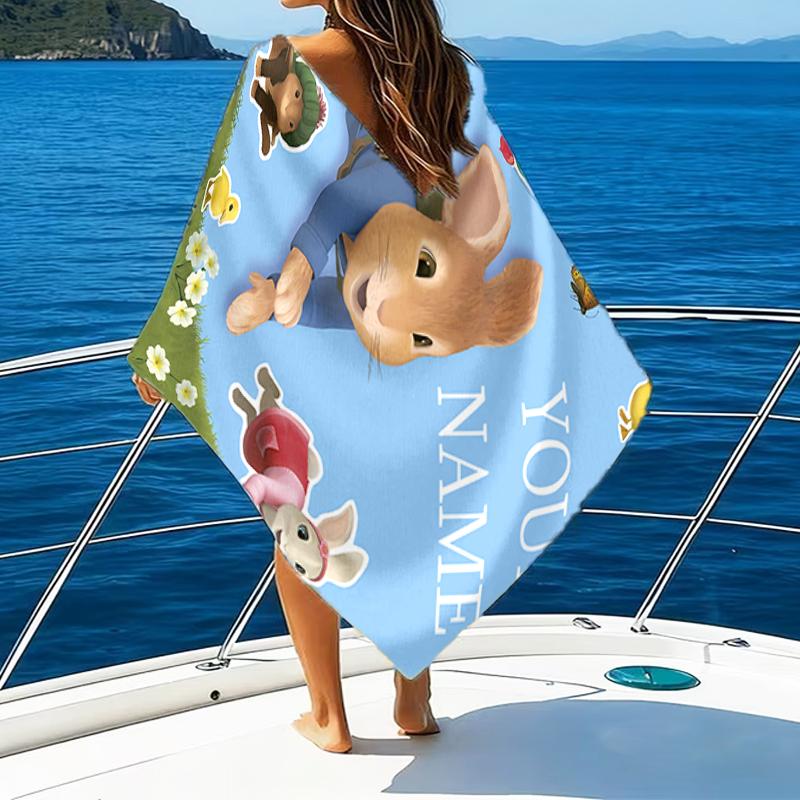 1pc Peter Rabbit2 Beach Towel with Custom Name, Beach/Swimming/Bath/Picnic/Camping Towel, Suitable for Seaside Beaches