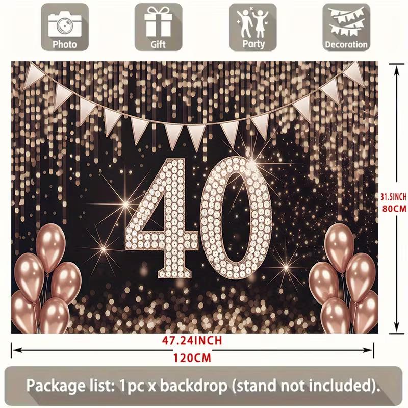 2D Black Rose Gold 40th Birthday Backdrop Diamond Number Photo Booth Prop